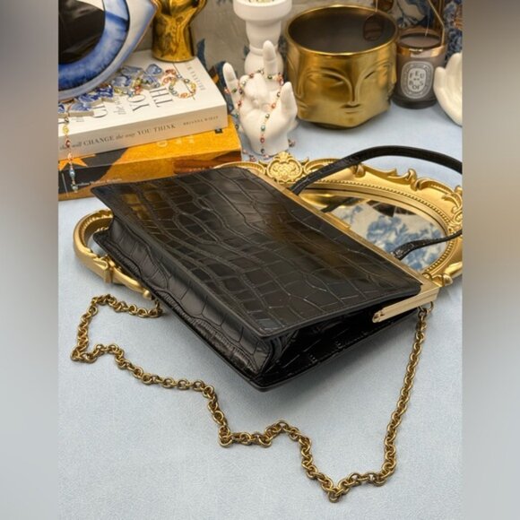 🆕 OROTON 🧿 NWOT Black Icon Frame Croco Clutch - Picture 10 of 16